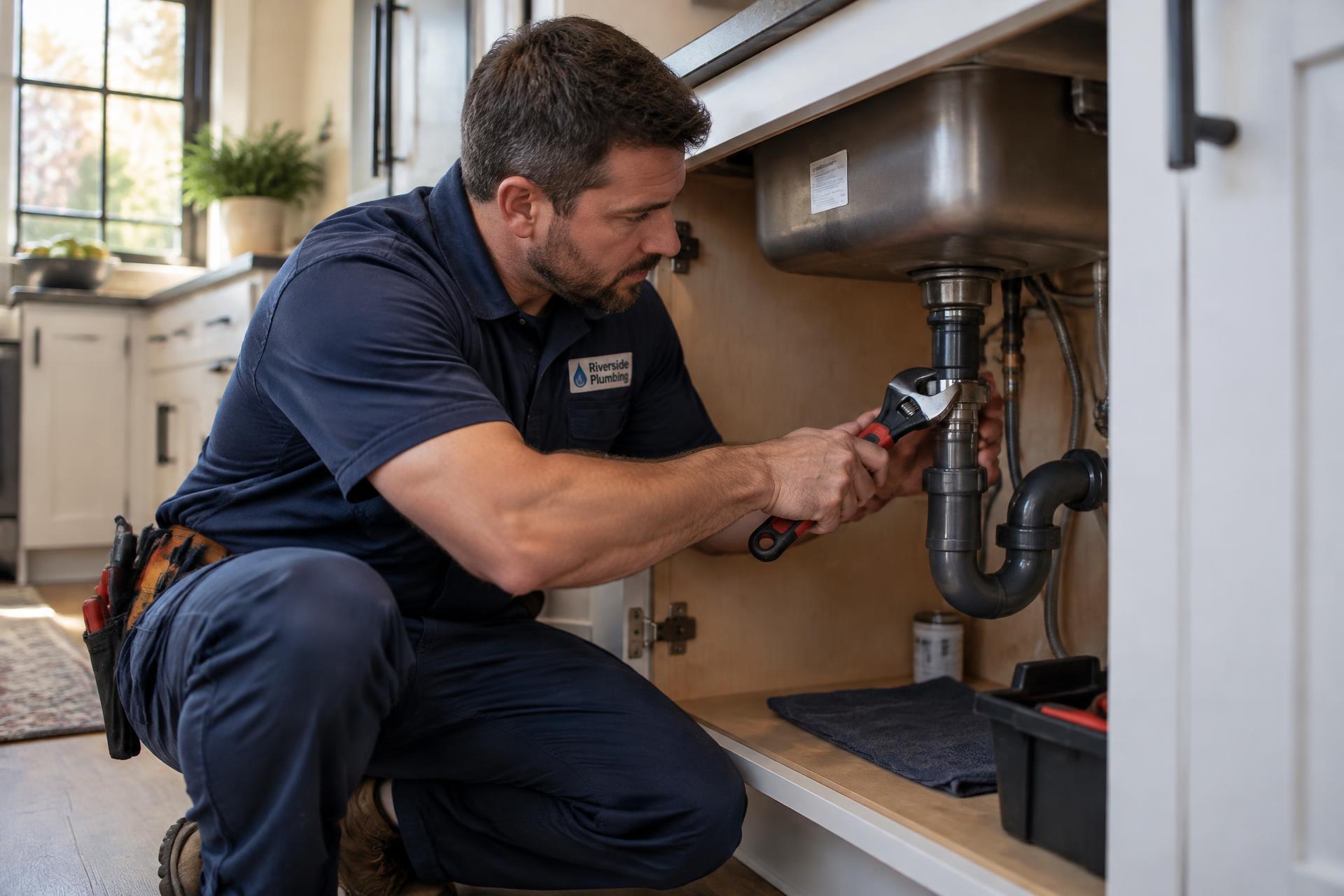 Redecker & Sons plumber repairing a kitchen sink in a Lancaster County home