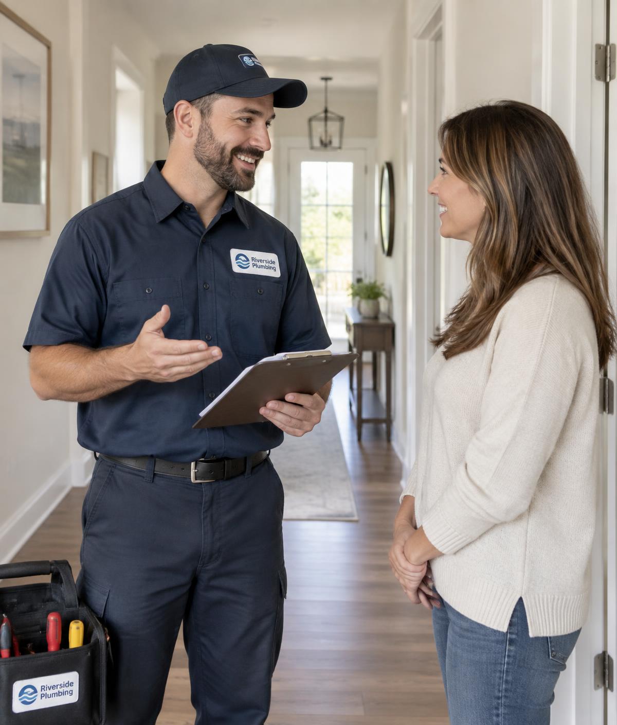 Redecker & Sons plumber talking with a homeowner